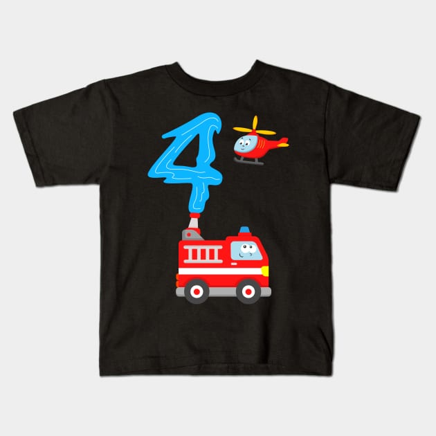 Fire Truck 4th Birthday Boys 4 Years Old Kids T-Shirt by samshirts